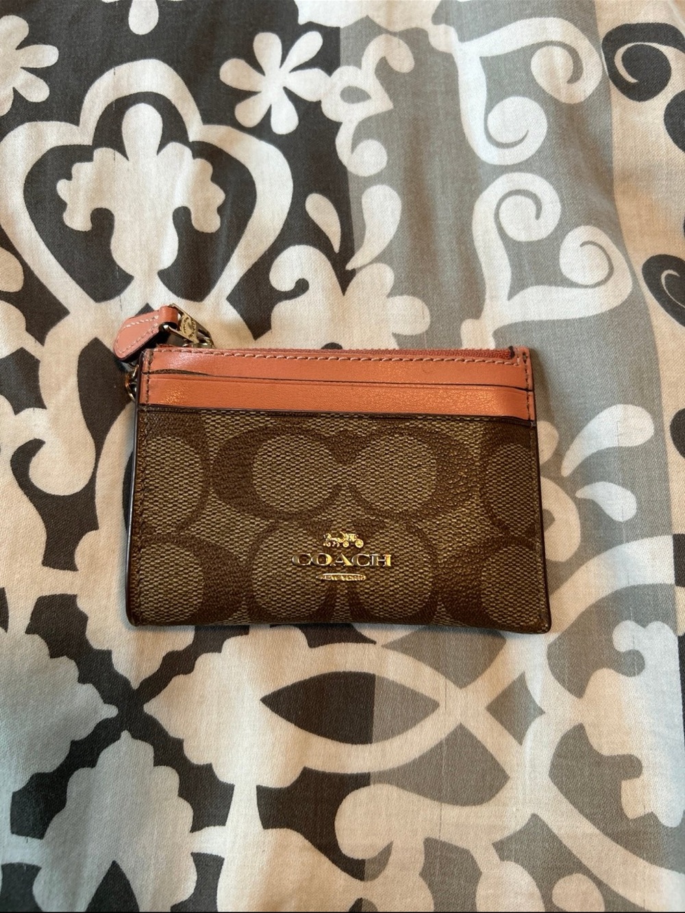 Coach Brown Signature Mini Card Case with Pink Trim and Gold Logo